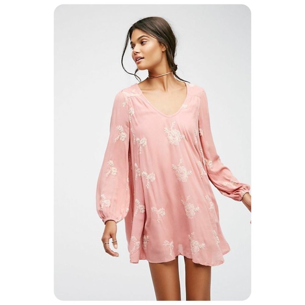 Free People Pink Cherry Blossom Embroidered Long Sleeve Swing Dress sz L